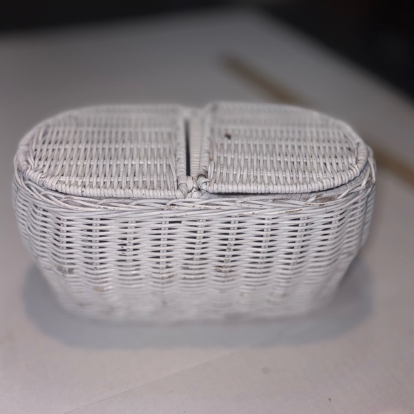 White Wicker Basket two compartments hinged lids 12” - Picture 9 of 10
